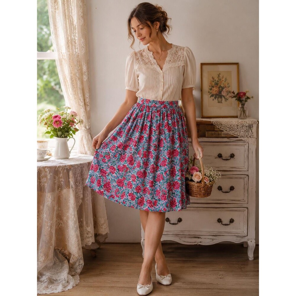 Vintage Giana Woman Floral Midi Skirt Pink Roses Cottagecore Elastic Waist Boho